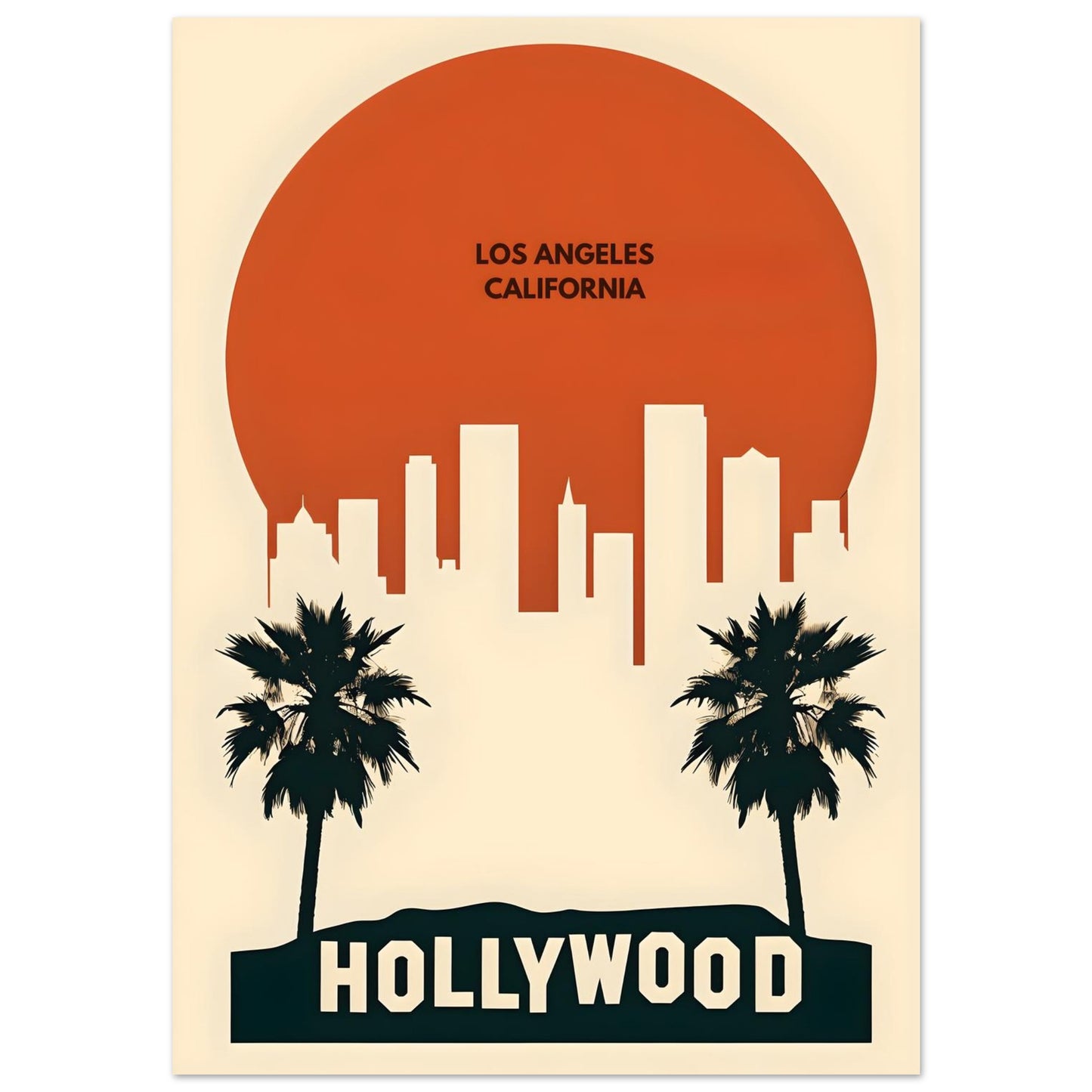 Poster of Los Angeles skyline with palm trees and 'Hollywood' text.