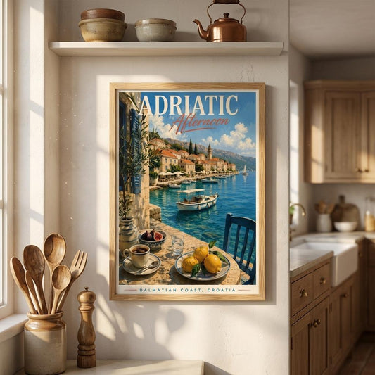 Dalmatian Coast wall art displayed in a bright kitchen featuring a Croatian harbour and Adriatic Sea views