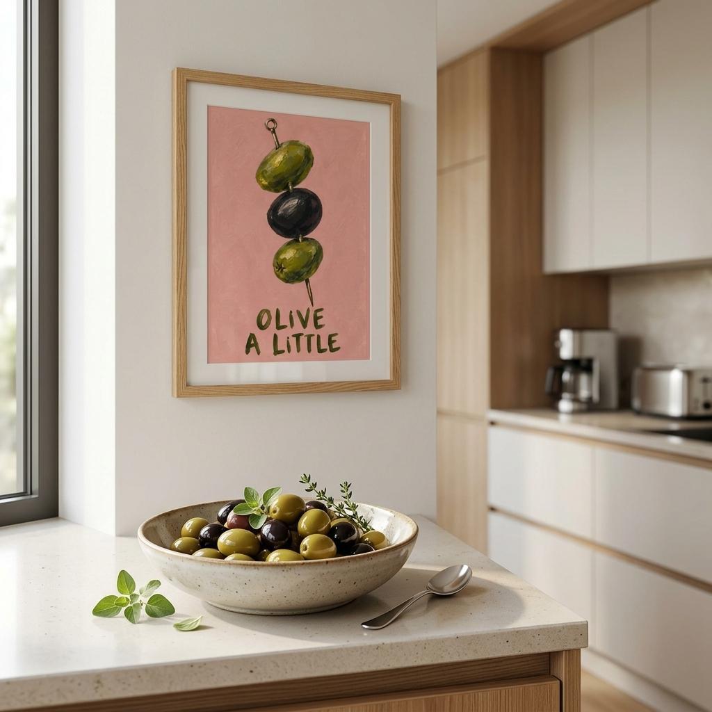 A framed art print featuring three olives on a pink background with the text 'OLIVE A LITTLE' hangs on a kitchen wall above a bowl of fresh olives.