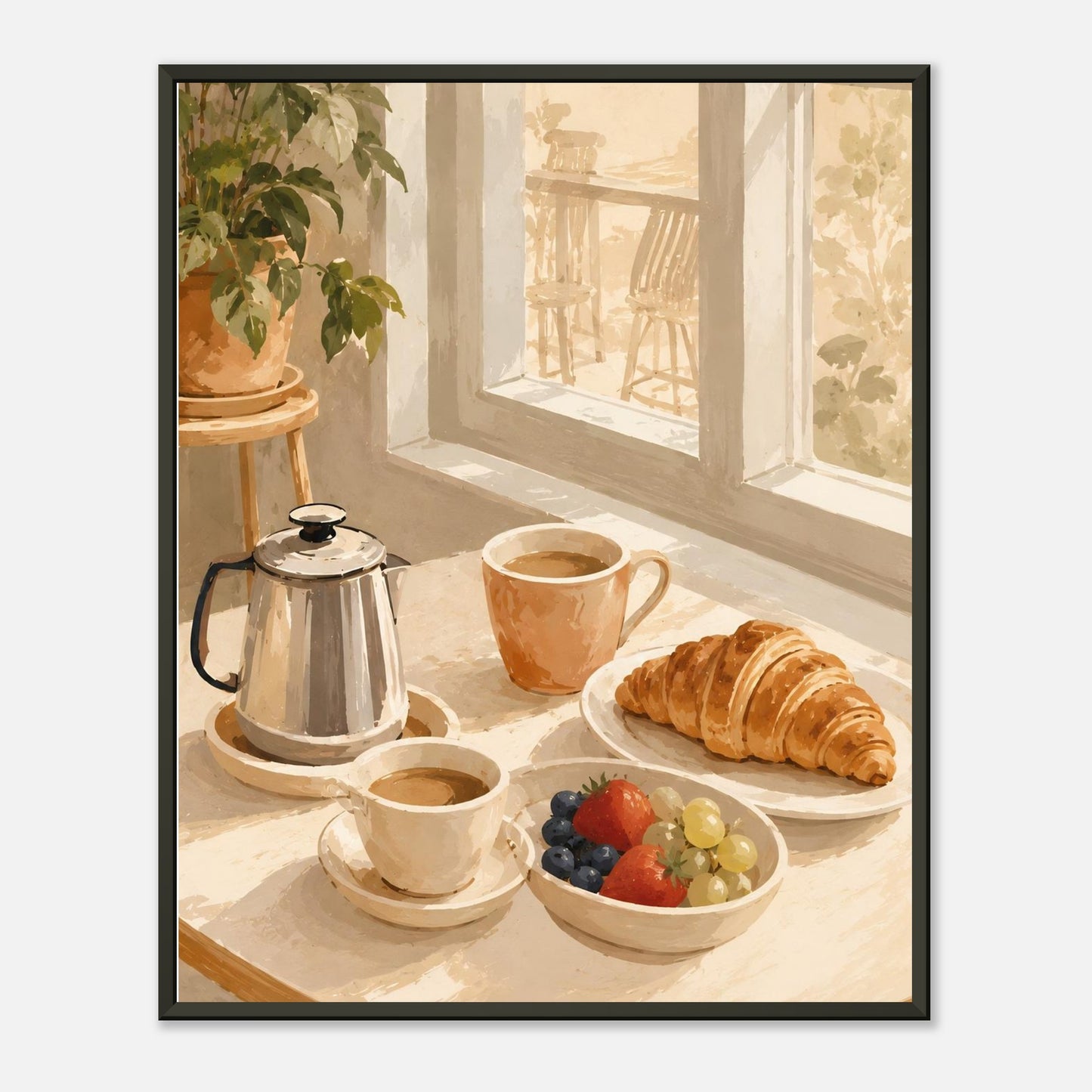 Framed artwork of a breakfast scene with coffee, croissant, and fruit on a windowsill.