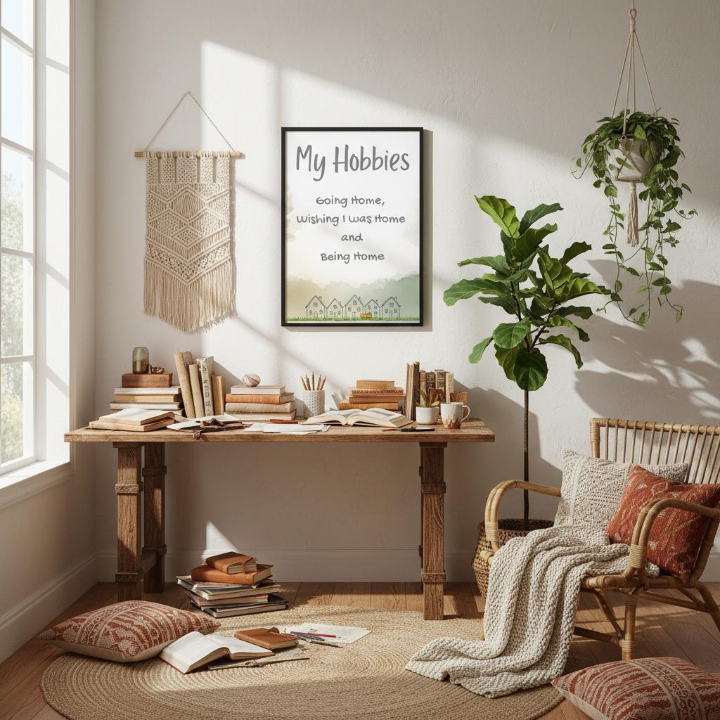 Minimilistic Poster with text. My Hobbies - Going home, wishing I was home and being home