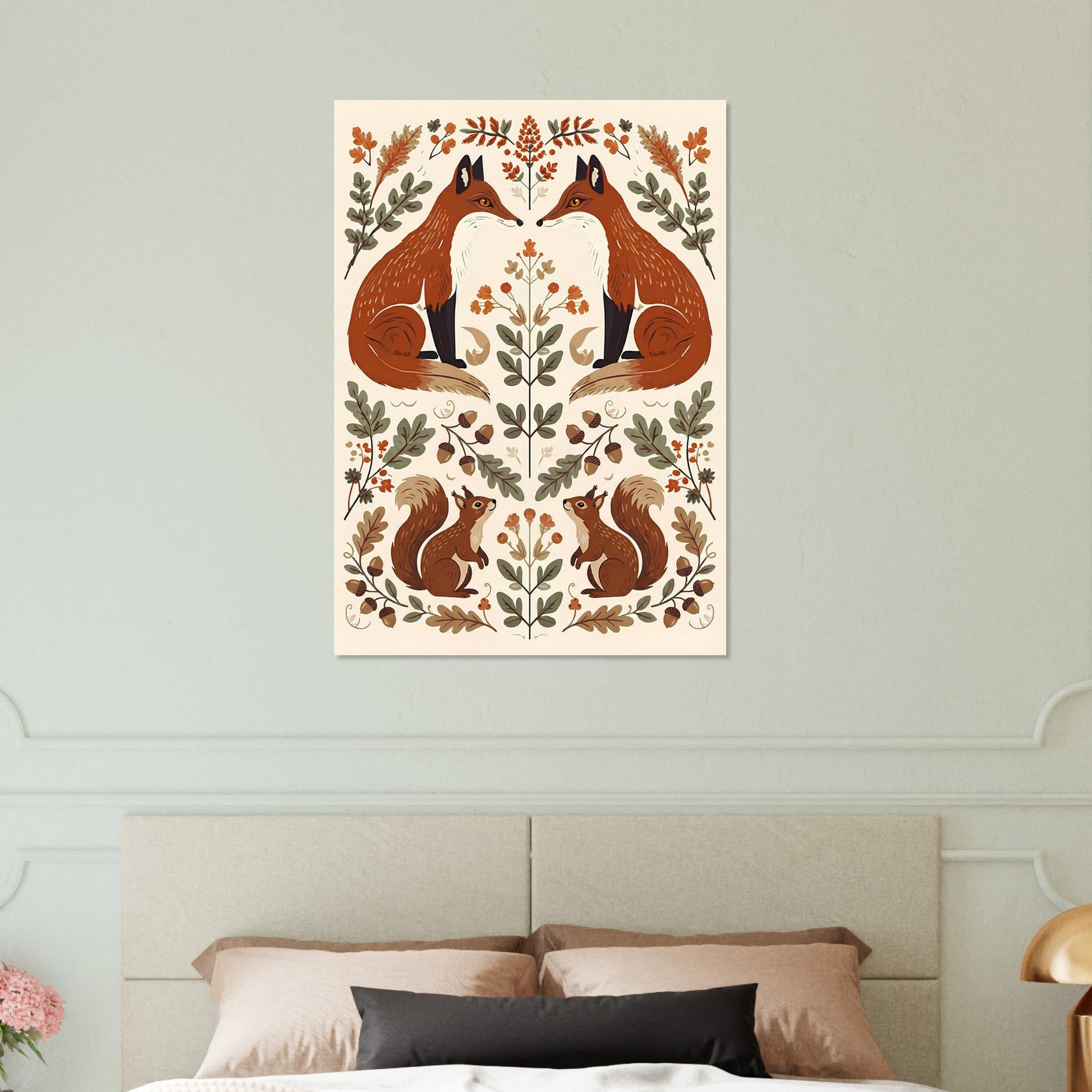 Foxes & Ferns folk art print displayed above a bed, bringing woodland charm and Scandinavian-inspired design to the space.