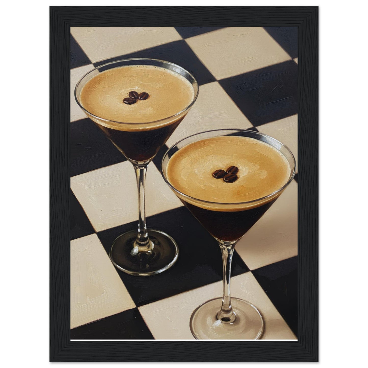 Framed Espresso Martini print featuring two classic cocktails with rich coffee tones and a geometric checkerboard pattern.