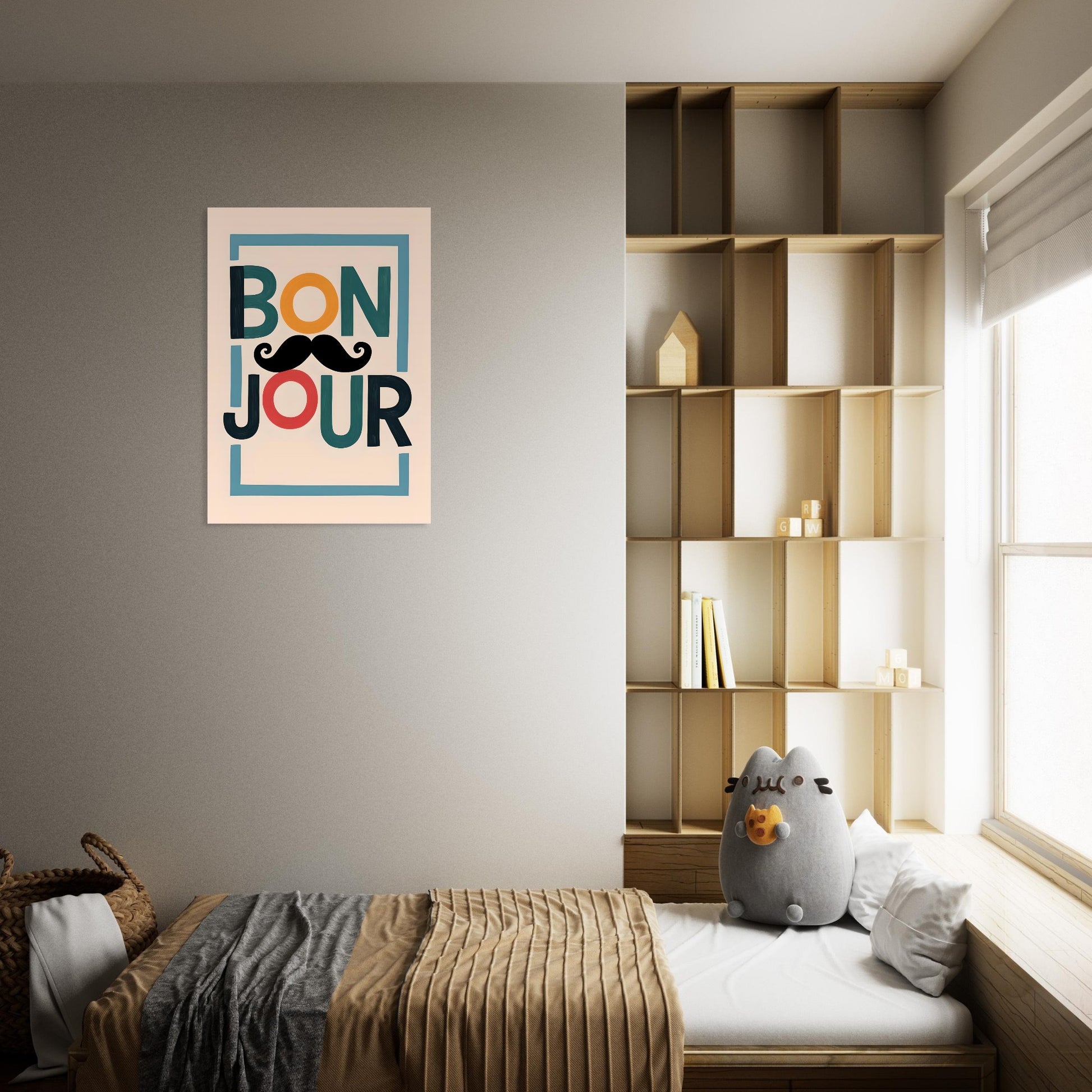 Room interior with 'Bonjour' poster, bookshelf, and cushioned seat.