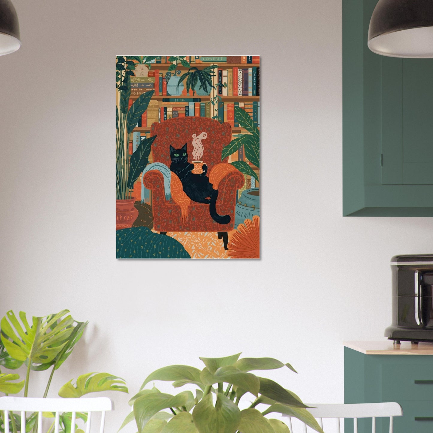 Colorful wall art of a cat on an armchair in a room with plants and furniture.