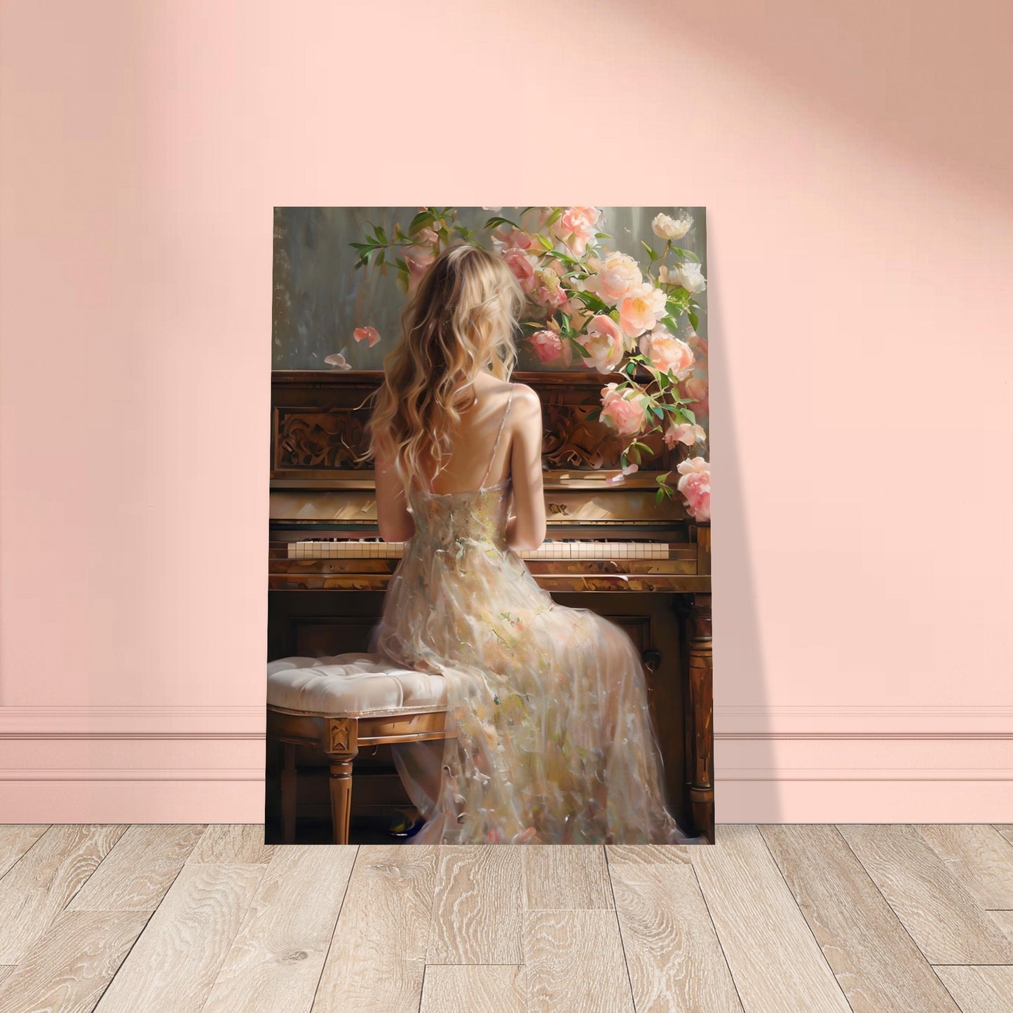 Art print of a woman in a floral dress sitting at a piano with flowers on a pink wall.