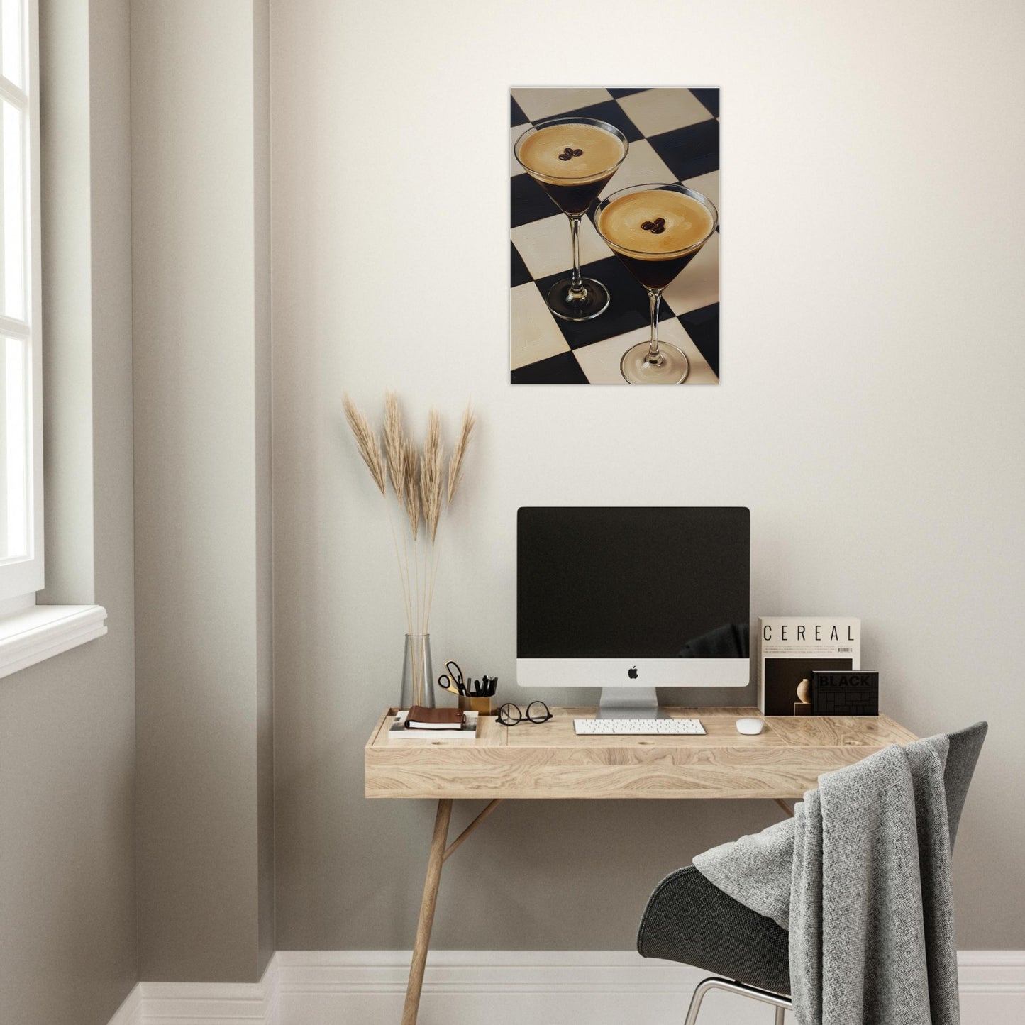 Espresso martini checkerboard poster displayed in bright contemporary kitchen with minimalist decor