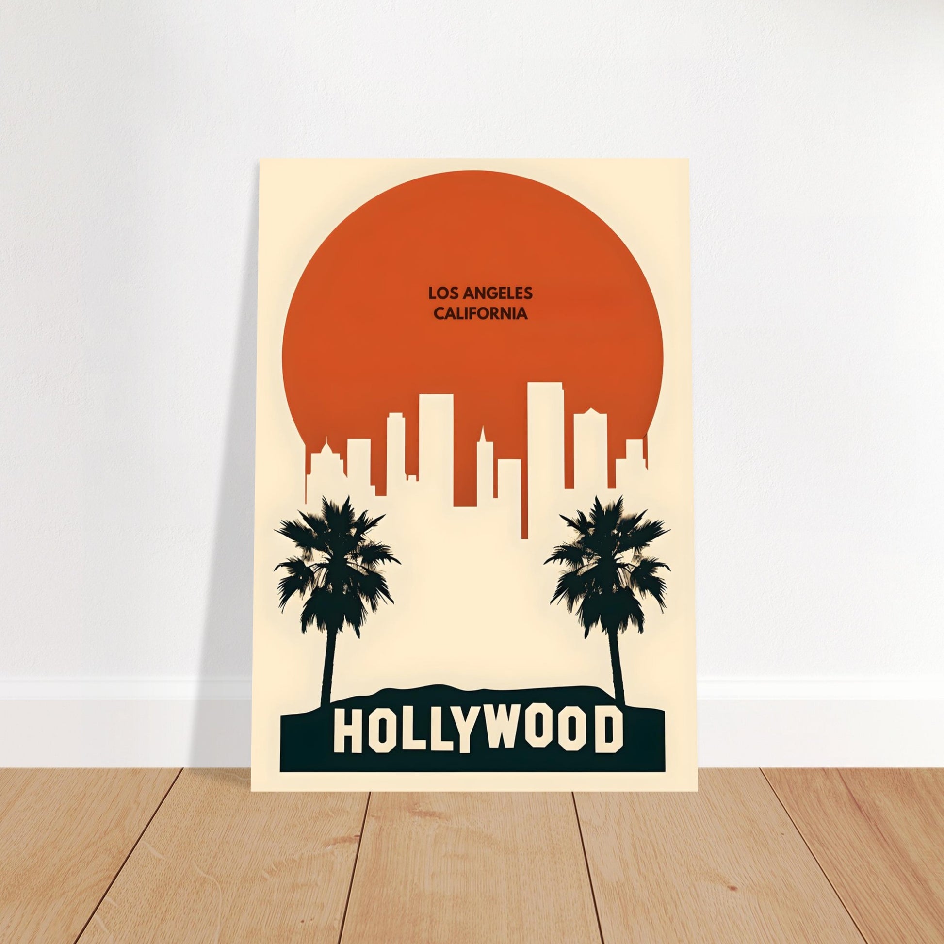 Poster of Los Angeles skyline with palm trees and 'Hollywood' text on a beige background.