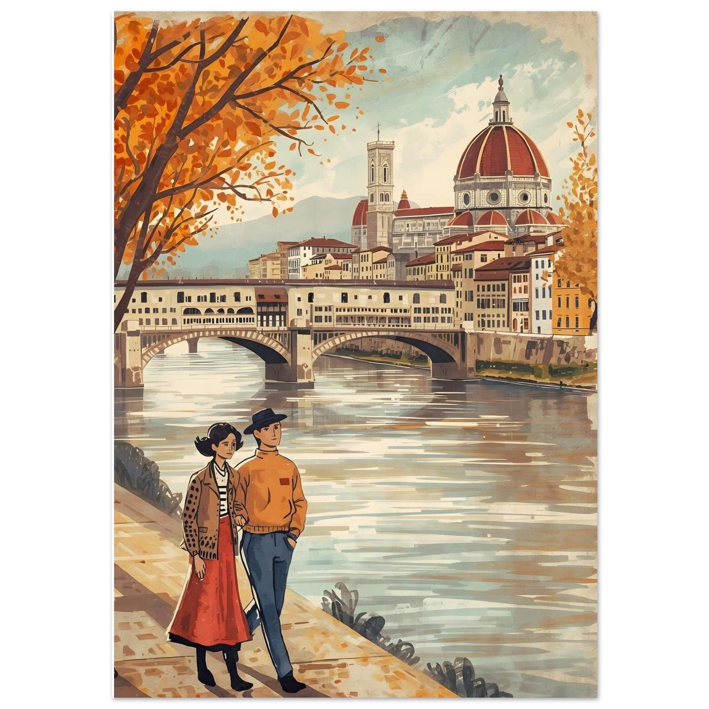 Florence folk art wall print featuring a couple walking beside the Arno River with the Duomo skyline in warm autumn tones