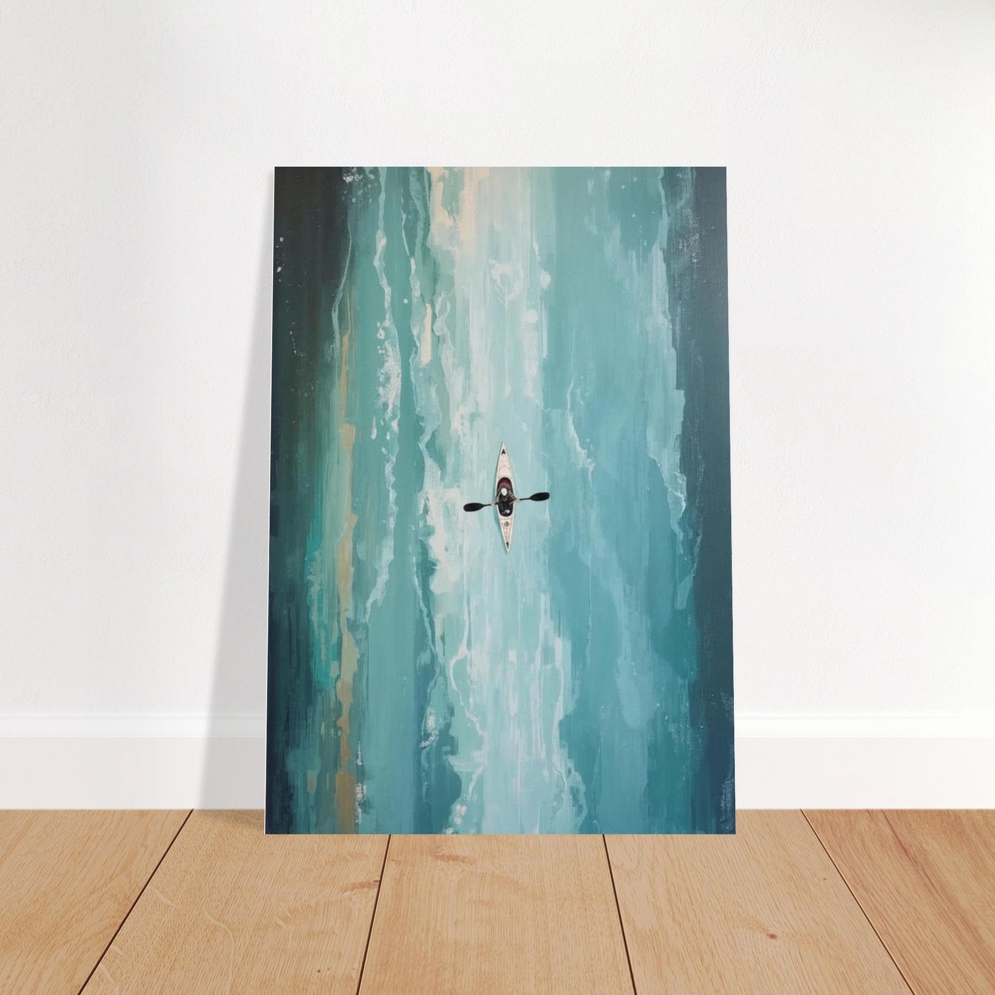 Abstract art print of a kayaker in the water on a white wall.