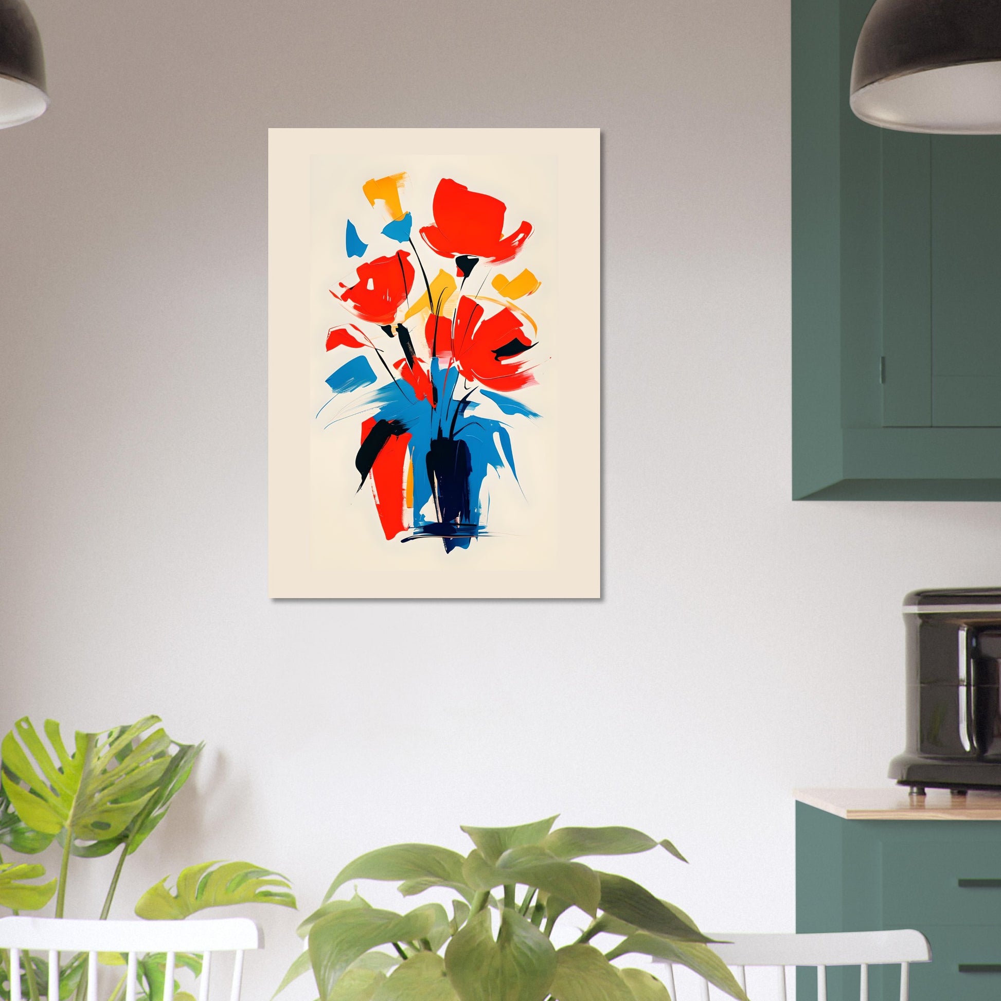 Colorful abstract floral painting on a wall with green plants and a kitchen setting.