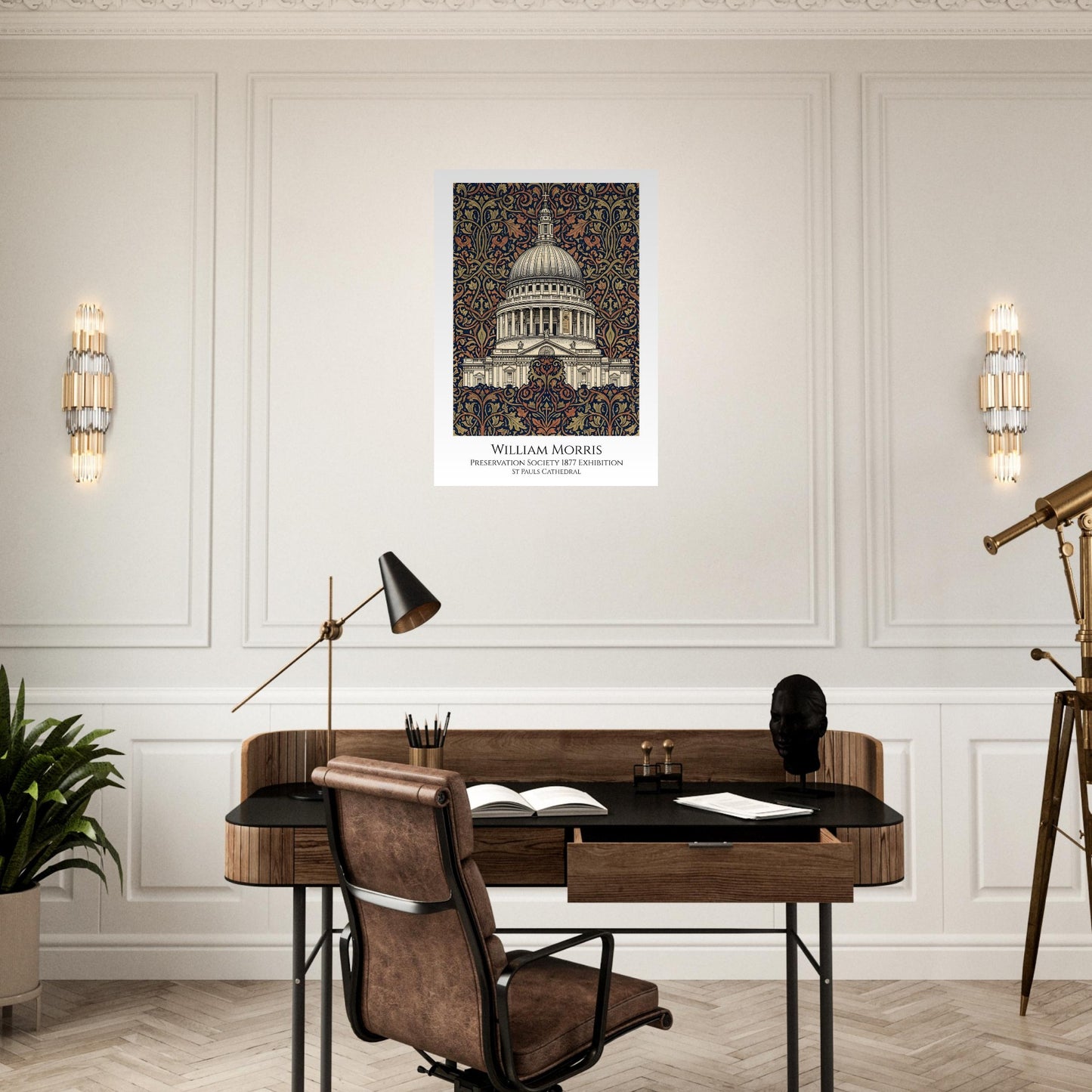 Modern office setup with a desk, chair, and wall art in a stylish room.