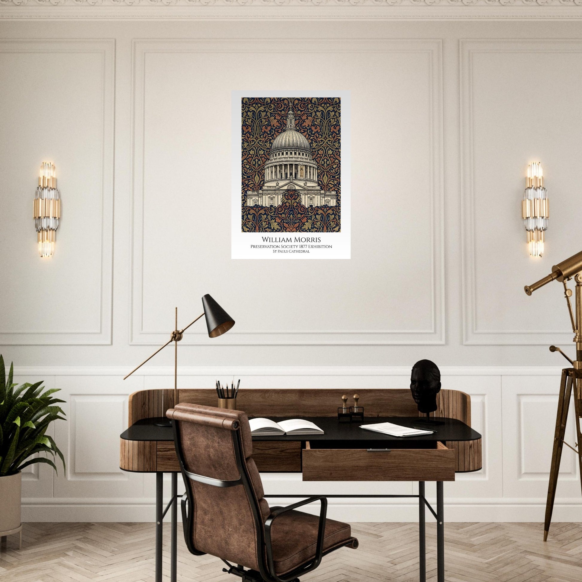 Modern office setup with a desk, chair, and wall art in a stylish room.