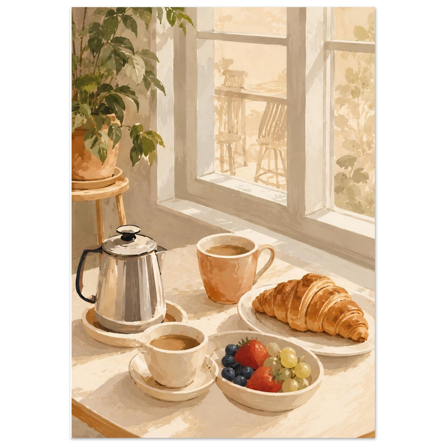 Close-up of watercolour breakfast wall art featuring coffee cups, croissant and fruit in soft morning light