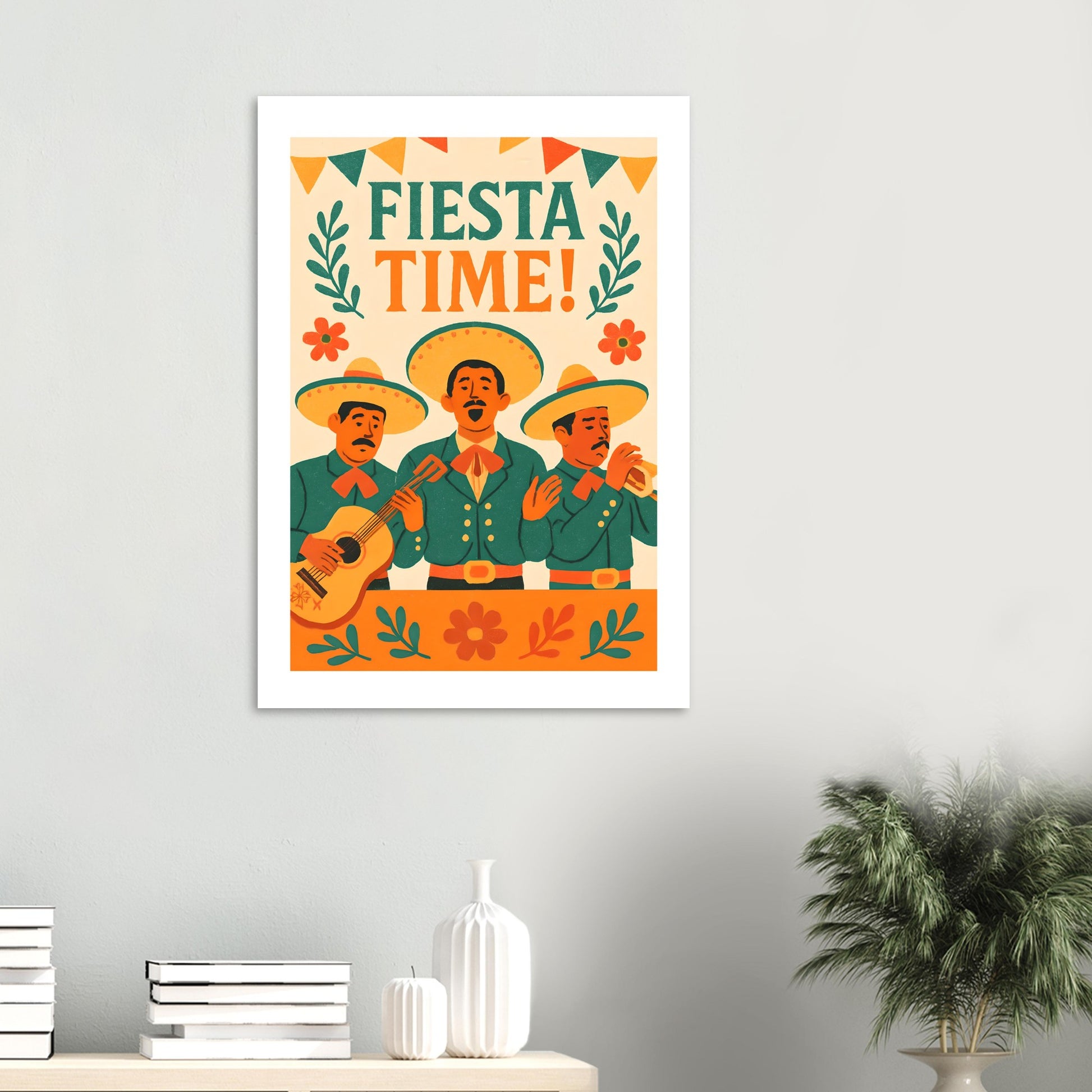 Framed poster with 'Fiesta Time!' text and mariachi illustration on a wall.