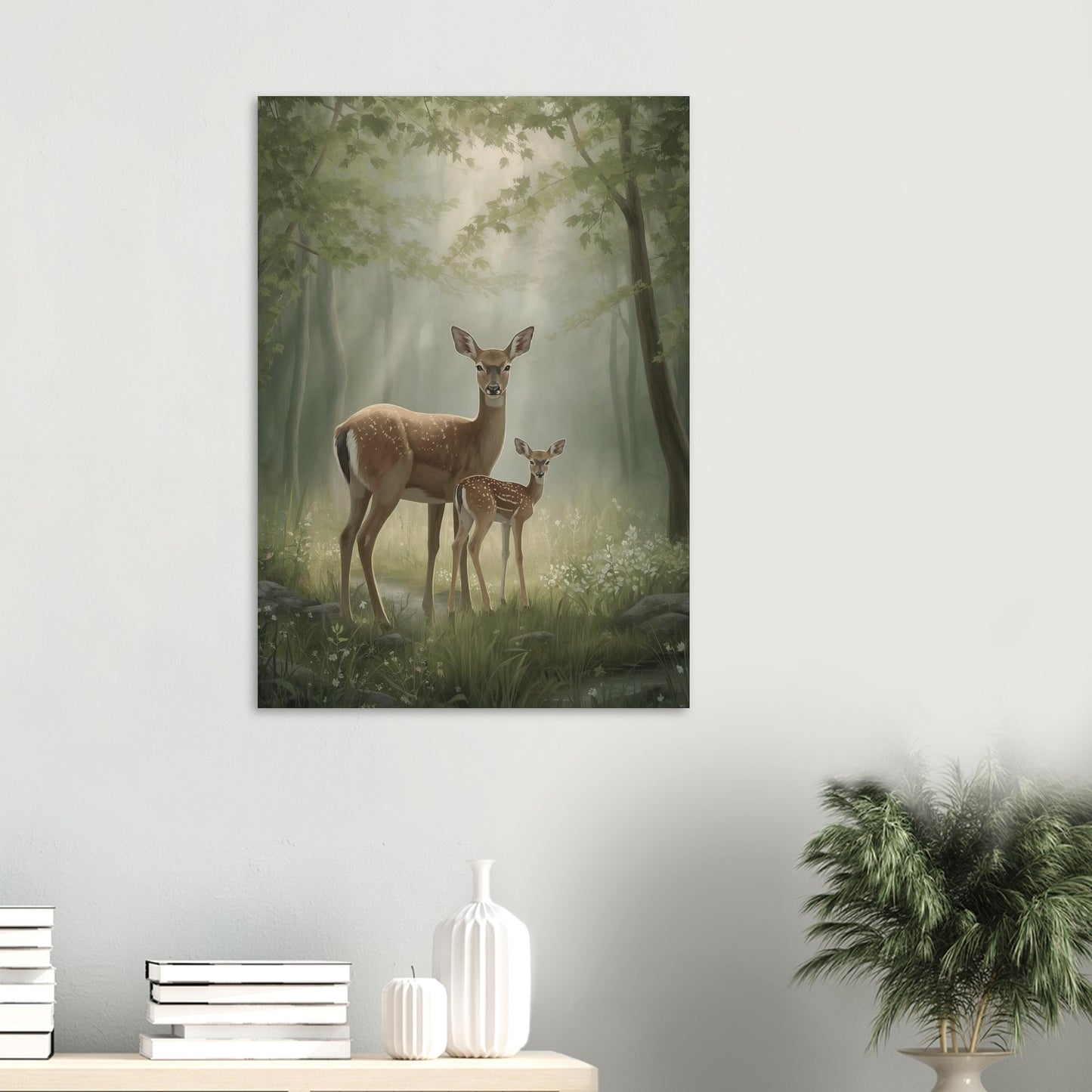 Framed artwork of deer in a forest on a wall above a shelf with decorative items.