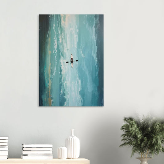 Canvas print of a kayaker in water on a white wall above a shelf with decor items.