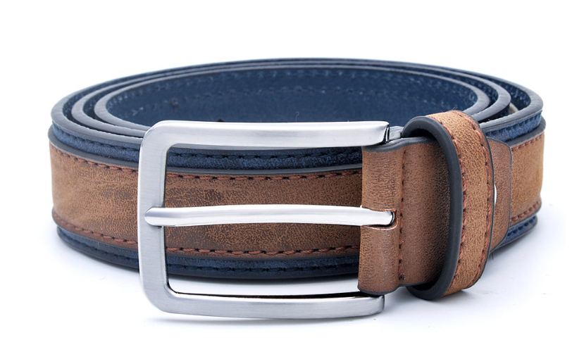 Brown and blue belt with a silver buckle on a white background
