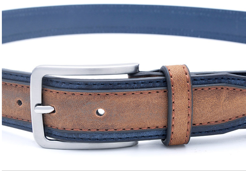 Brown and blue leather belt with a silver buckle on a white background