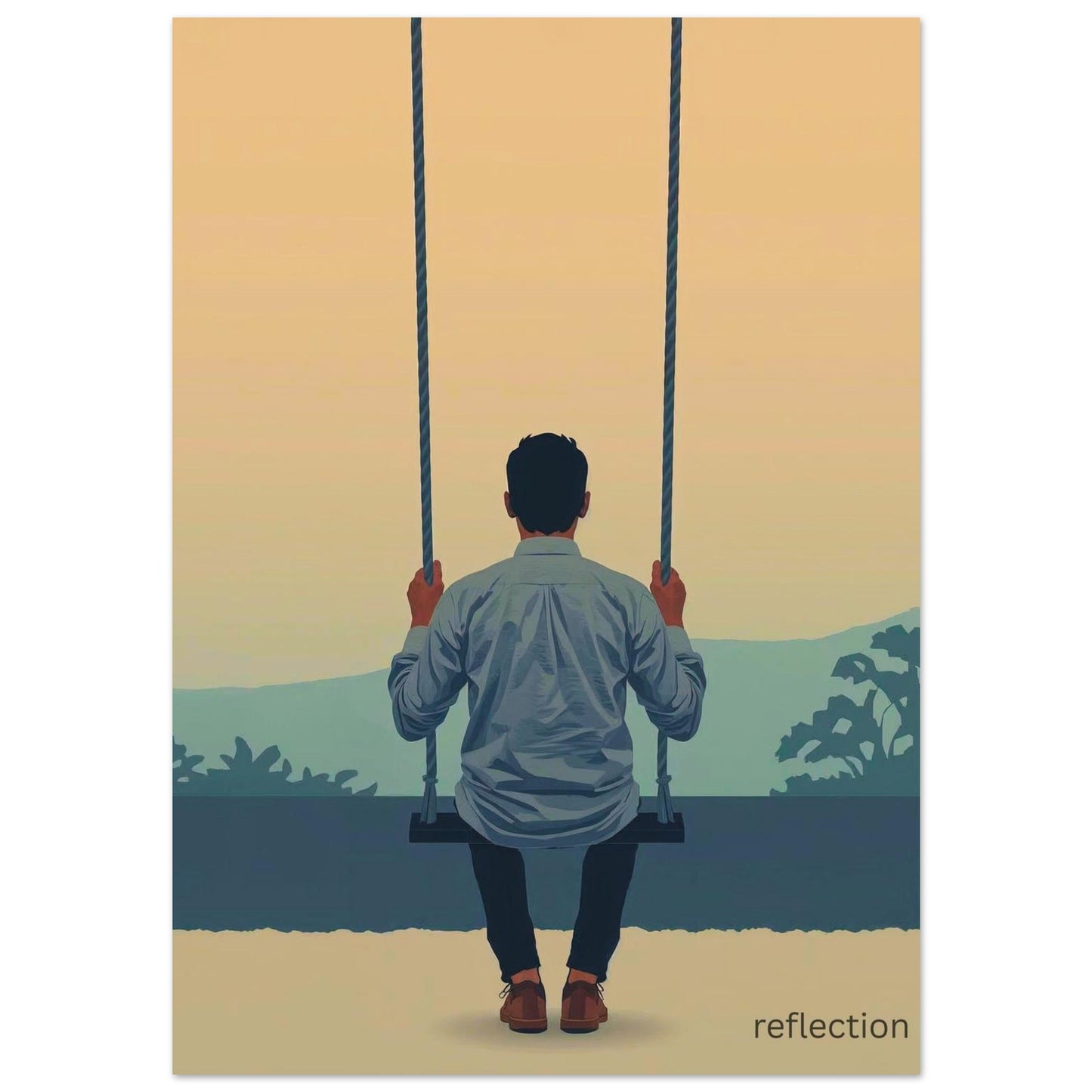 Illustration of a person on a swing with a scenic background and 'reflection' text.