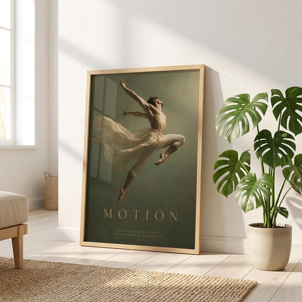 Motion fine art wall art leaning against a wall beside a large window and indoor plant in a contemporary living space.