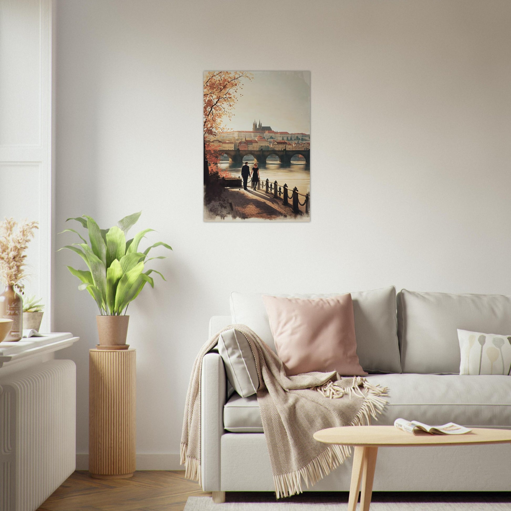 Romantic Prague poster with Charles Bridge and castle skyline at sunset
