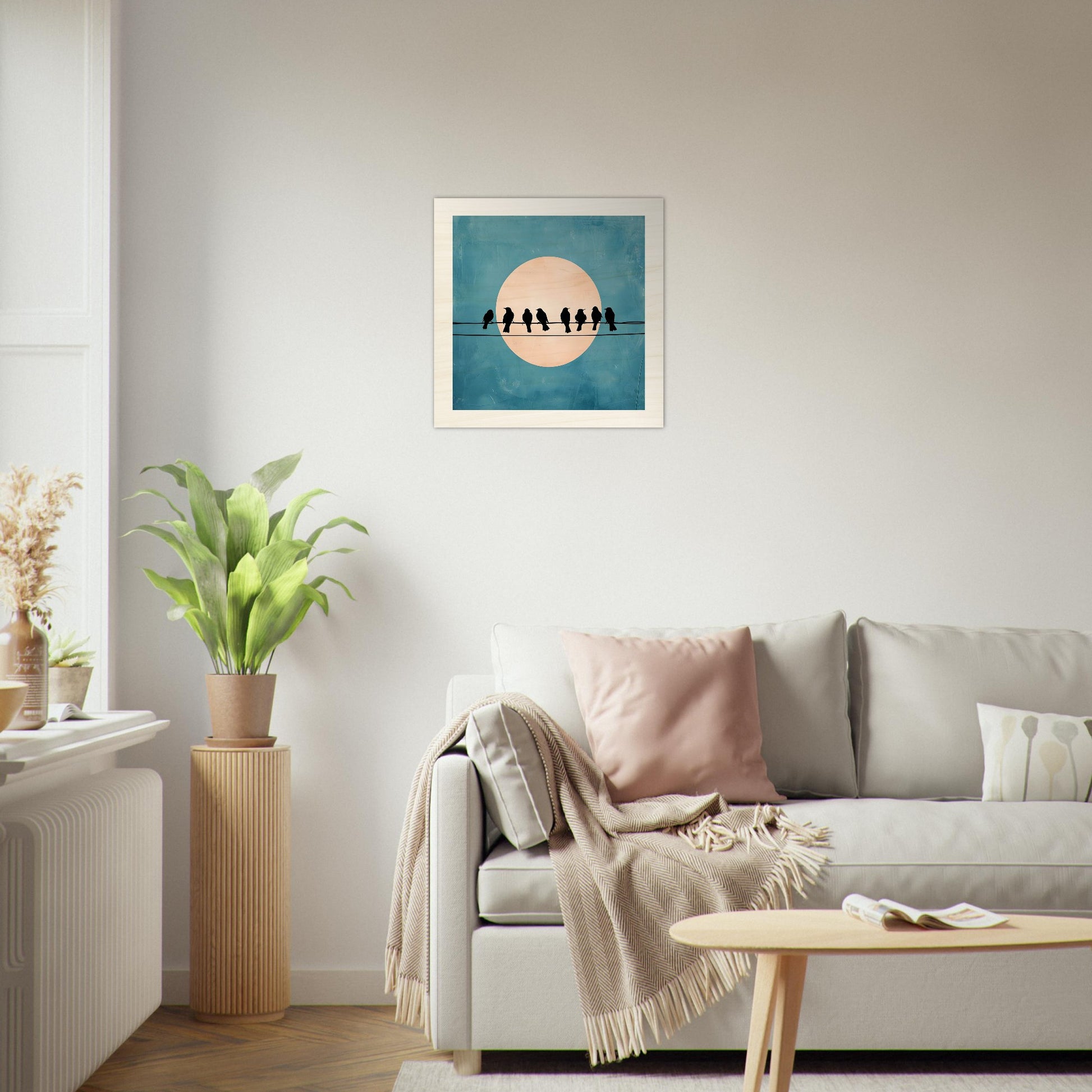 Wooden artwork of birds on a wire with a moon in the background
