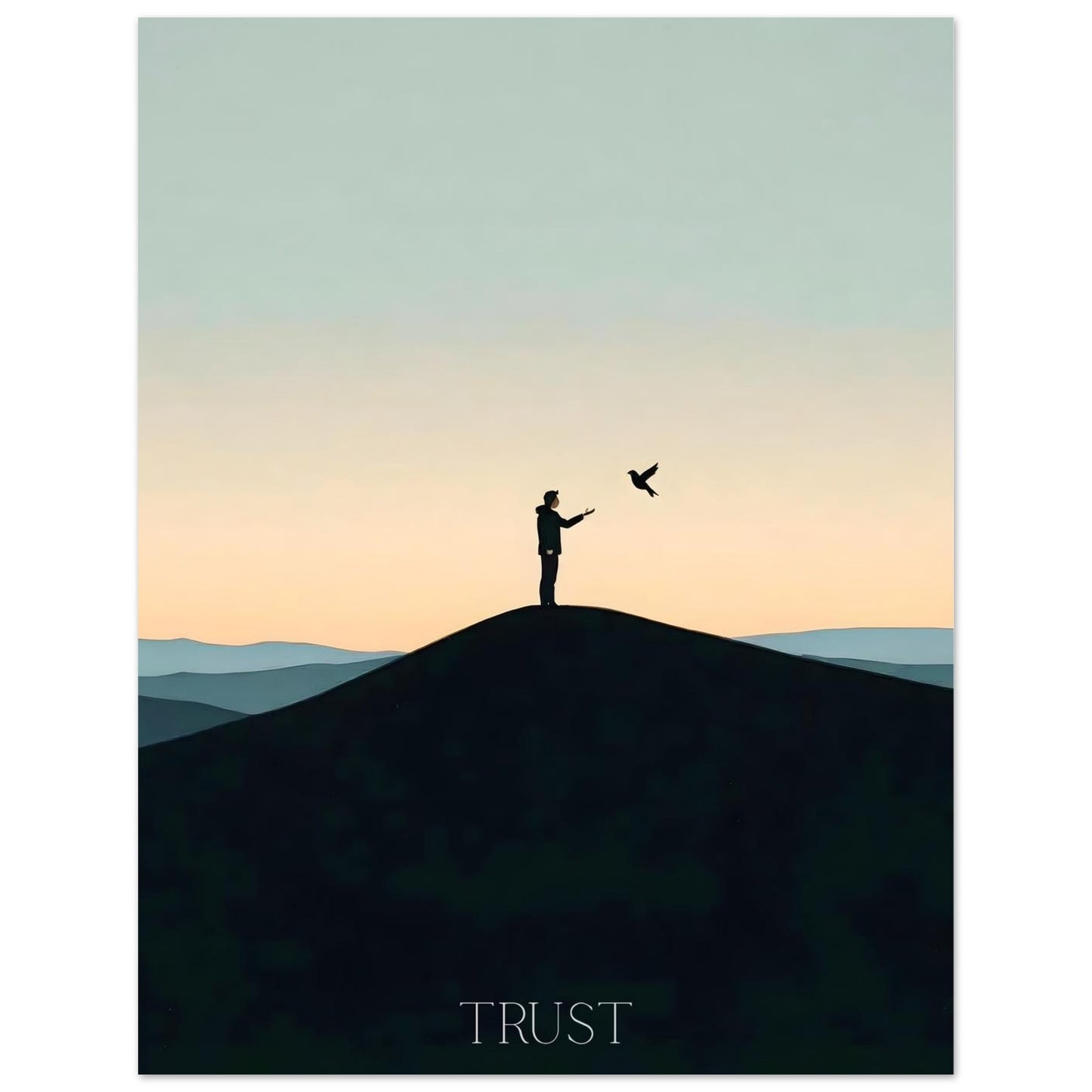 Silhouette of a person on a hill with a bird, set against a gradient sky with 'TRUST' text at the bottom.