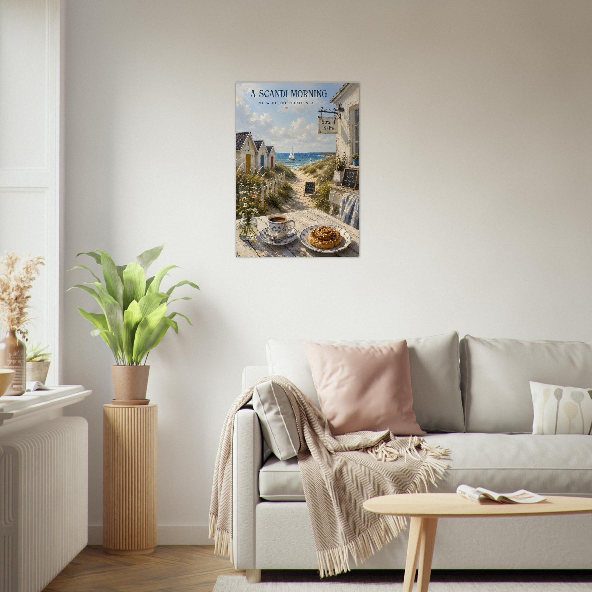 Scandi Morning wall art hanging above a sofa in a bright Scandinavian-inspired living room