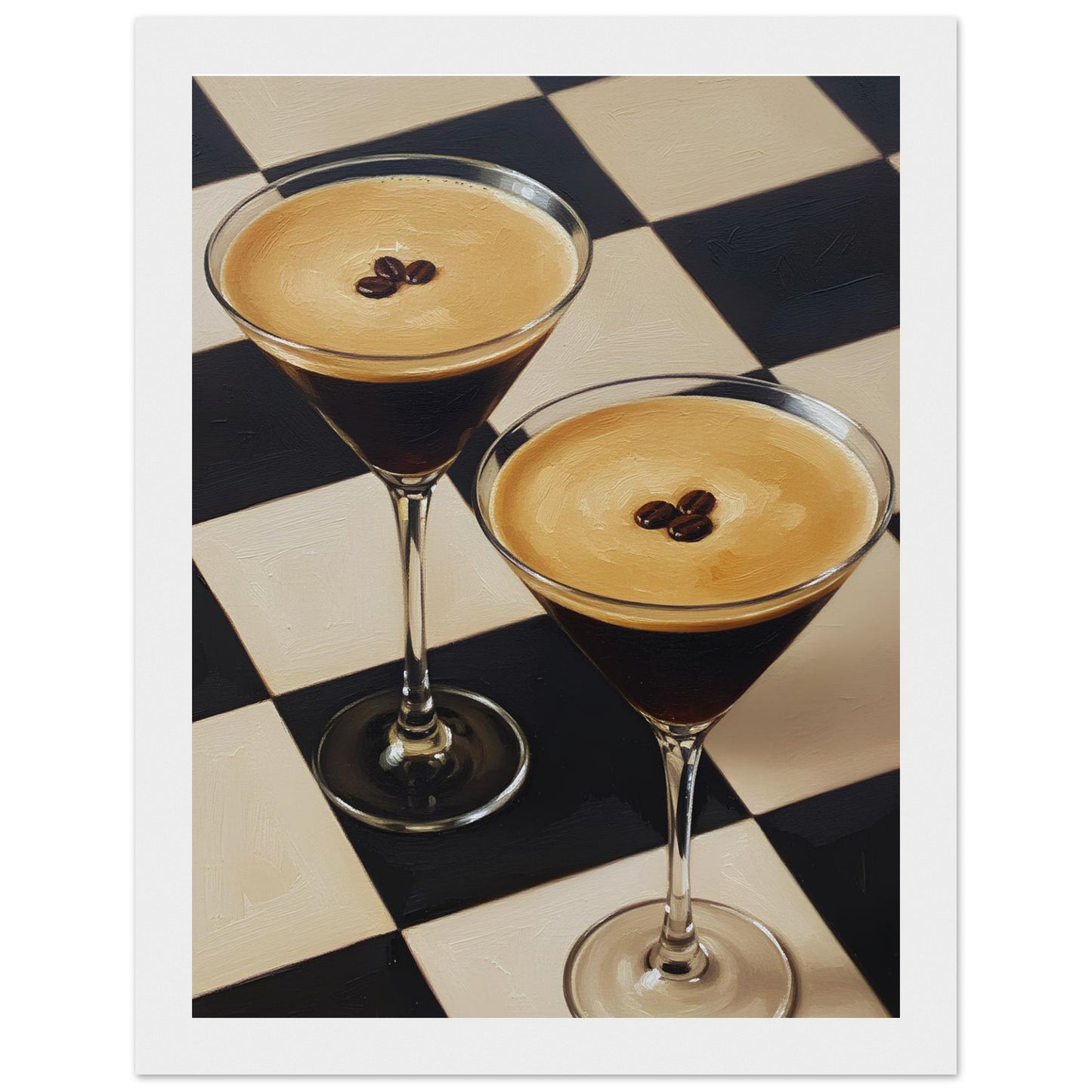 Framed Espresso Martini print featuring two classic cocktails with rich coffee tones and a geometric checkerboard pattern.