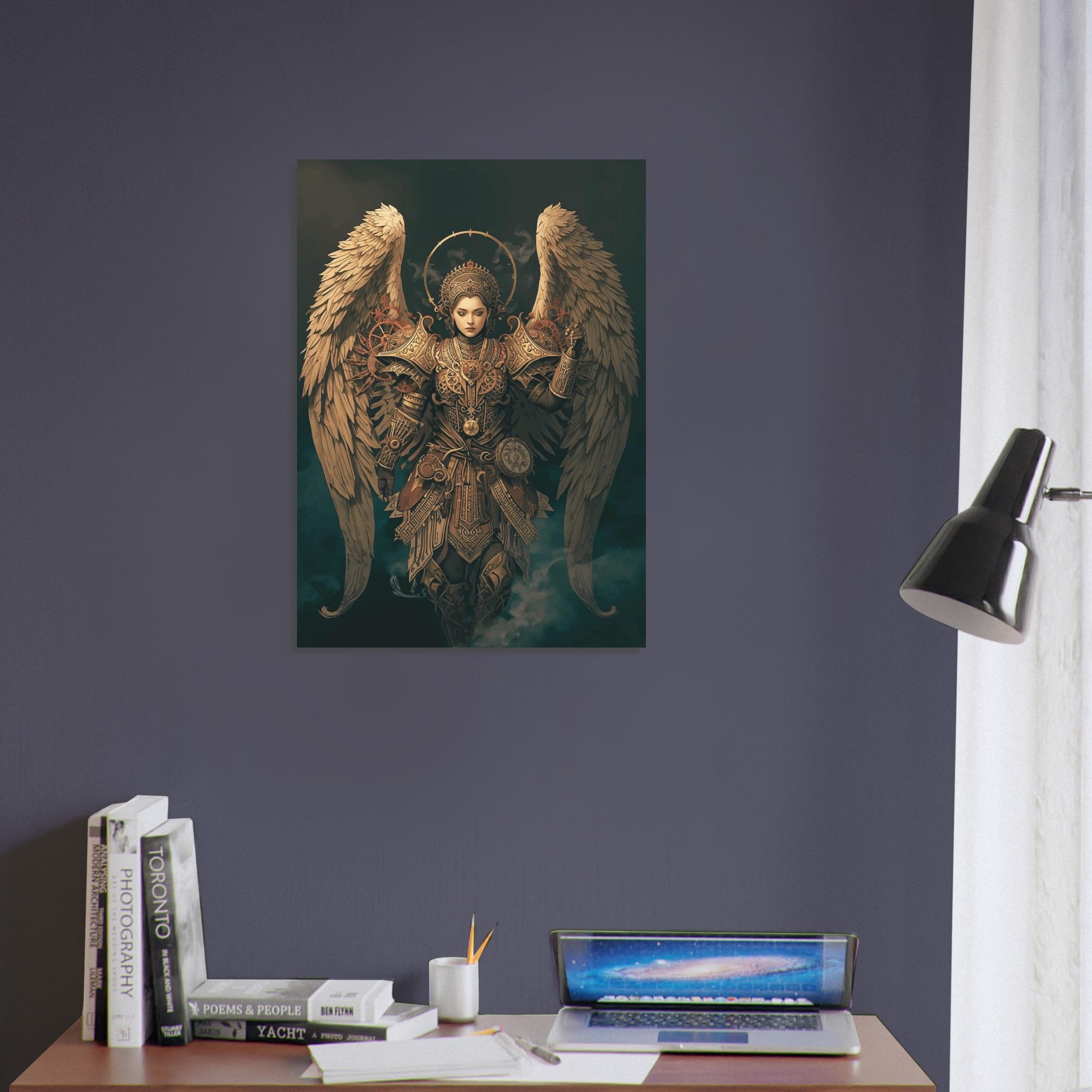 Decorative poster of an angel on a dark wall above a desk with books and a laptop.