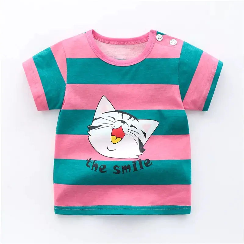 Children's t-shirt with pink and green stripes and a cartoon cat design on a white background