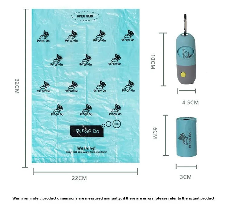Measurement chart of a blue pet waste bag with keychain and dimensions.