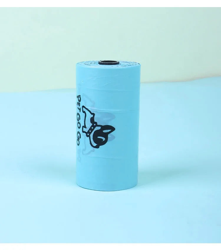 Roll of blue paper with a black logo on a light blue background