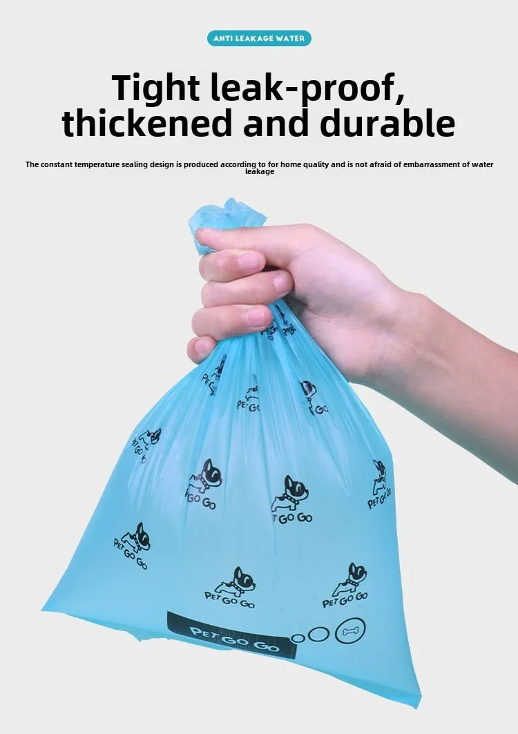 Hand holding a blue pet waste bag with text highlighting features on a light gray background