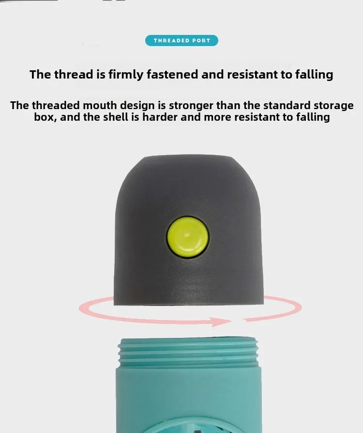 Teal storage box with a black threaded mouth design on a white background