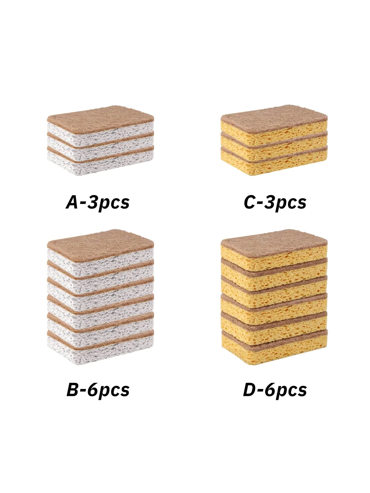 Four stacks of eco sponges labeled A, B, C, and D with quantities indicated.