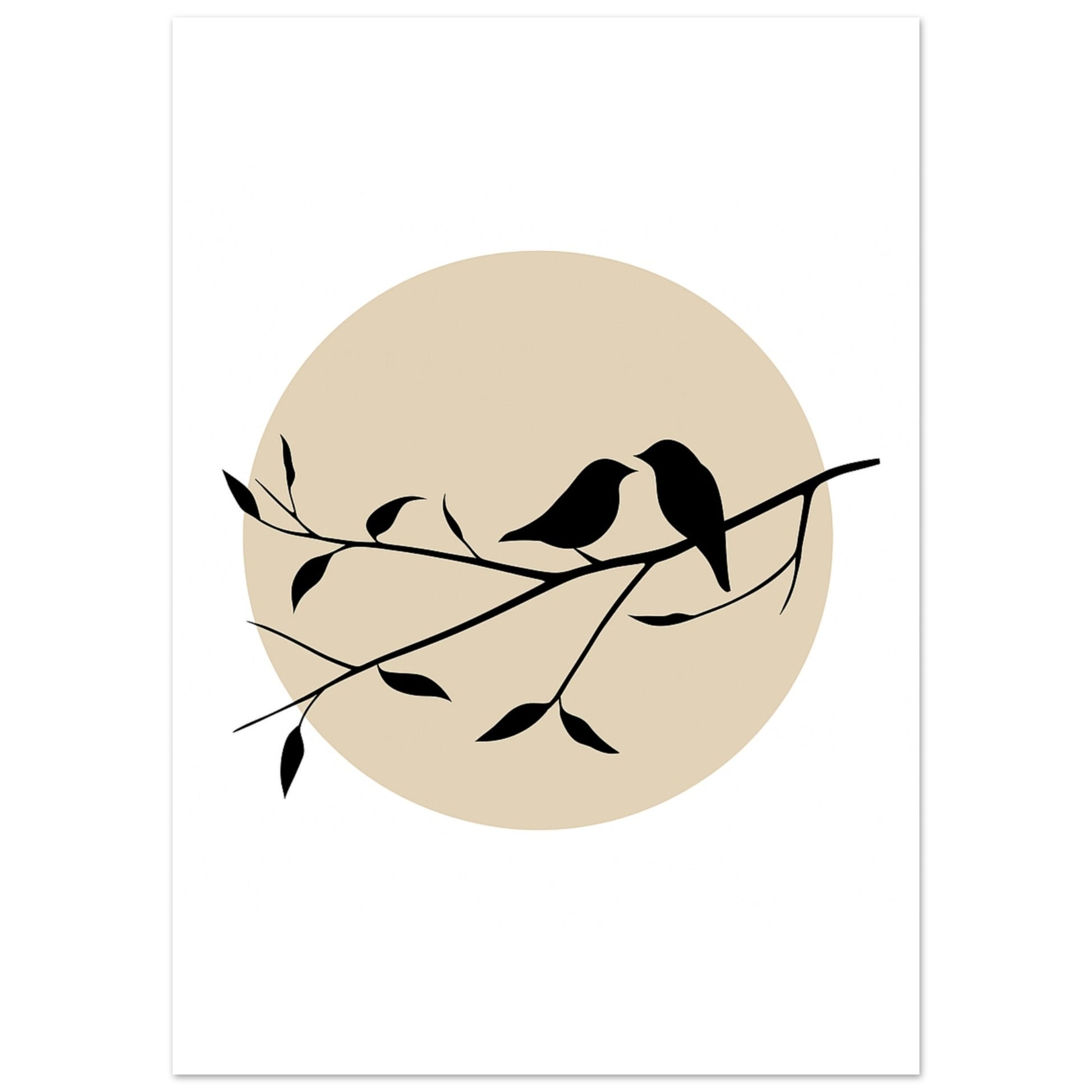 Minimalist bird silhouette illustration with two birds perched on a branch in front of a beige sun, on a white background.