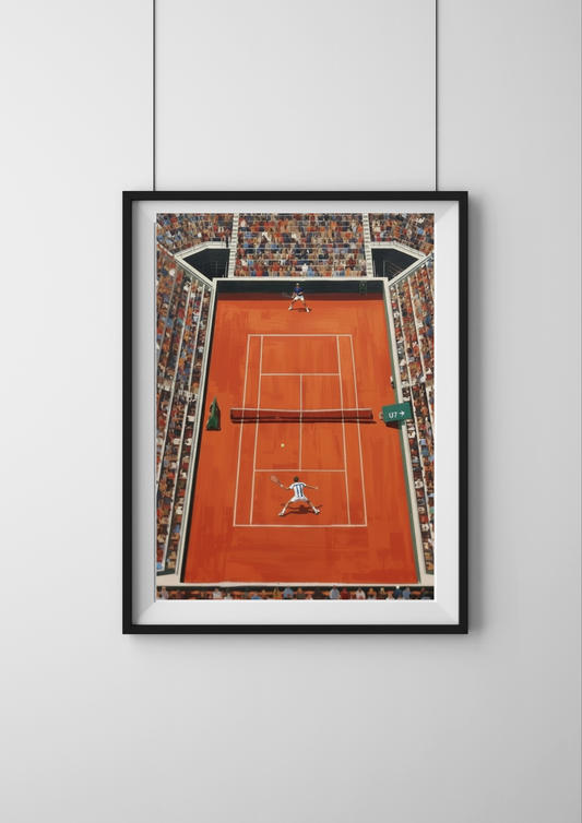 Framed artwork of a tennis court with spectators on a white wall