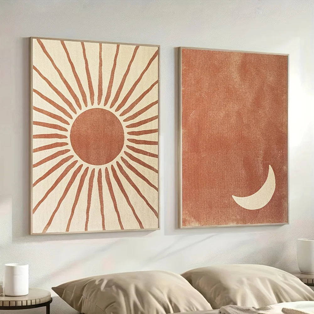 Bohemian moon and sun wall art set in clay and beige tones, minimalist 2-piece posters – DArtano