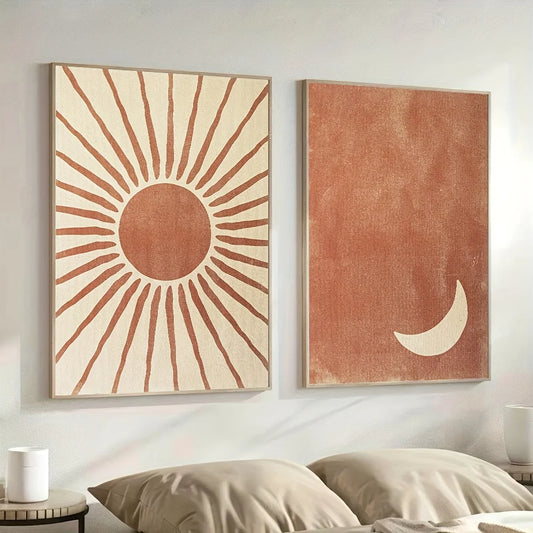 Bohemian moon and sun wall art set in clay and beige tones, minimalist 2-piece posters – DArtano