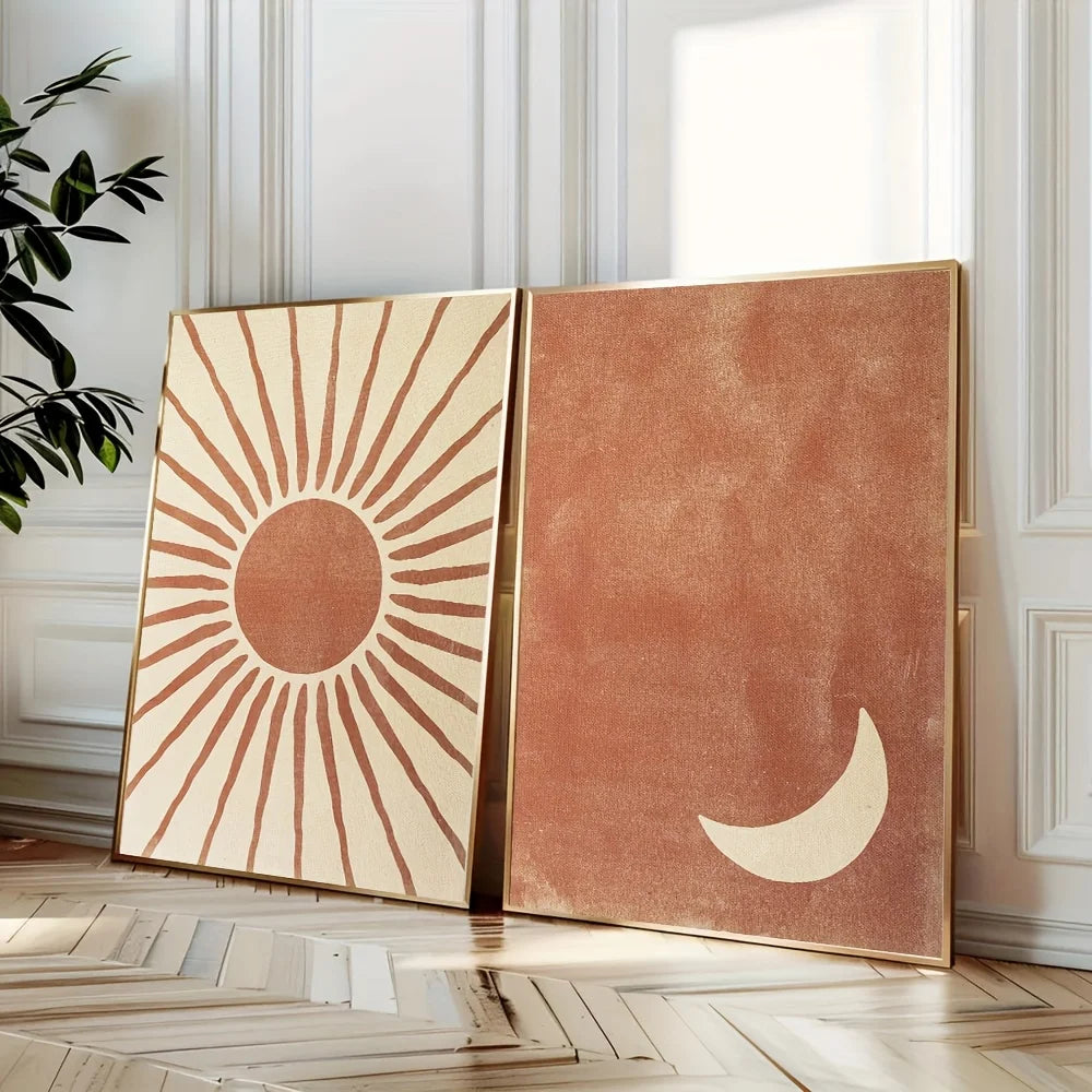Abstract boho wall art showing moon and sun shapes on beige clay background – unframed posters