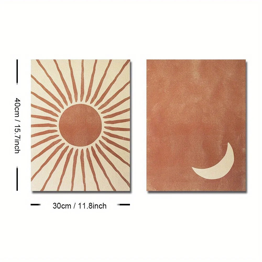 Two wall art pieces with sun and moon designs, shown with measurements on a white background.