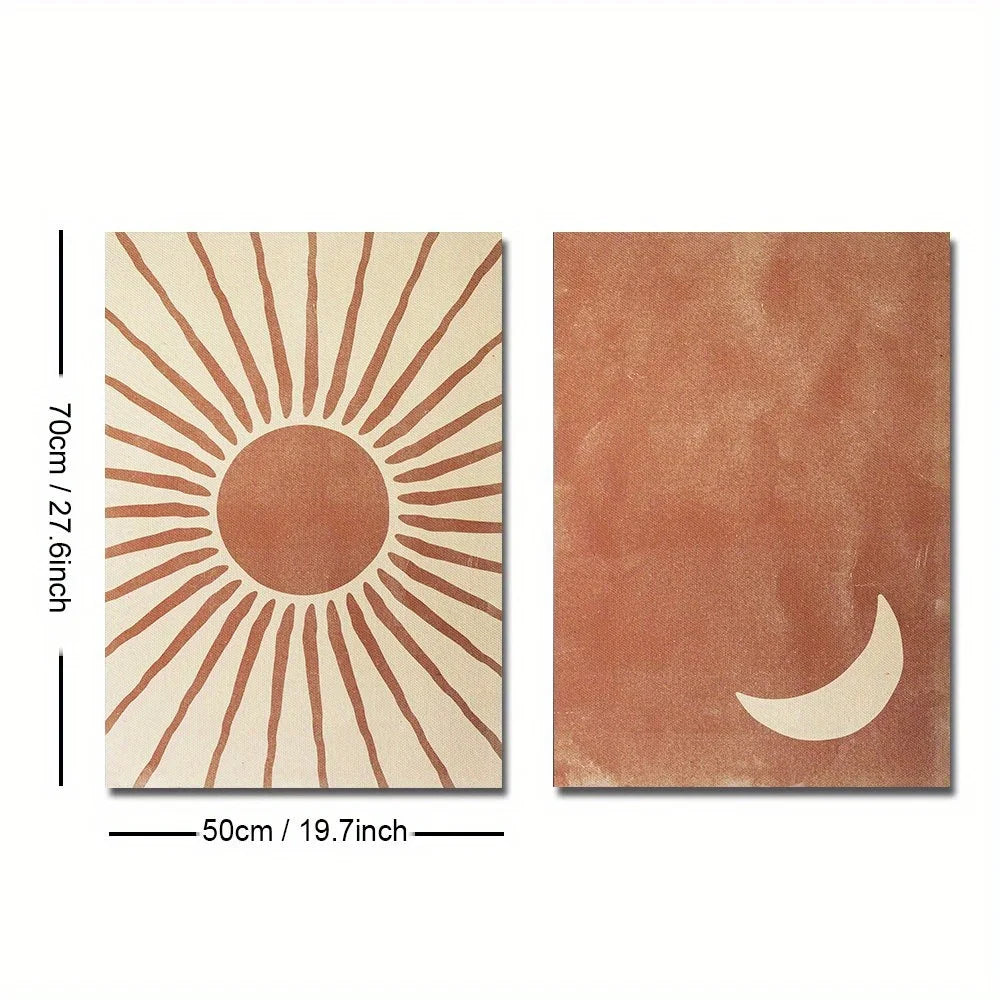Two wall art pieces with sun and moon designs on a white background