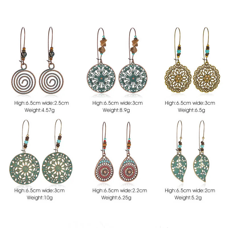 Set of earrings with detailed designs and measurements on a white background