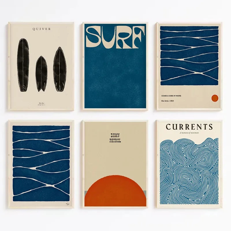 Boho beach surf poster set with ocean waves and minimalist typography – coastal wall art by DArtano