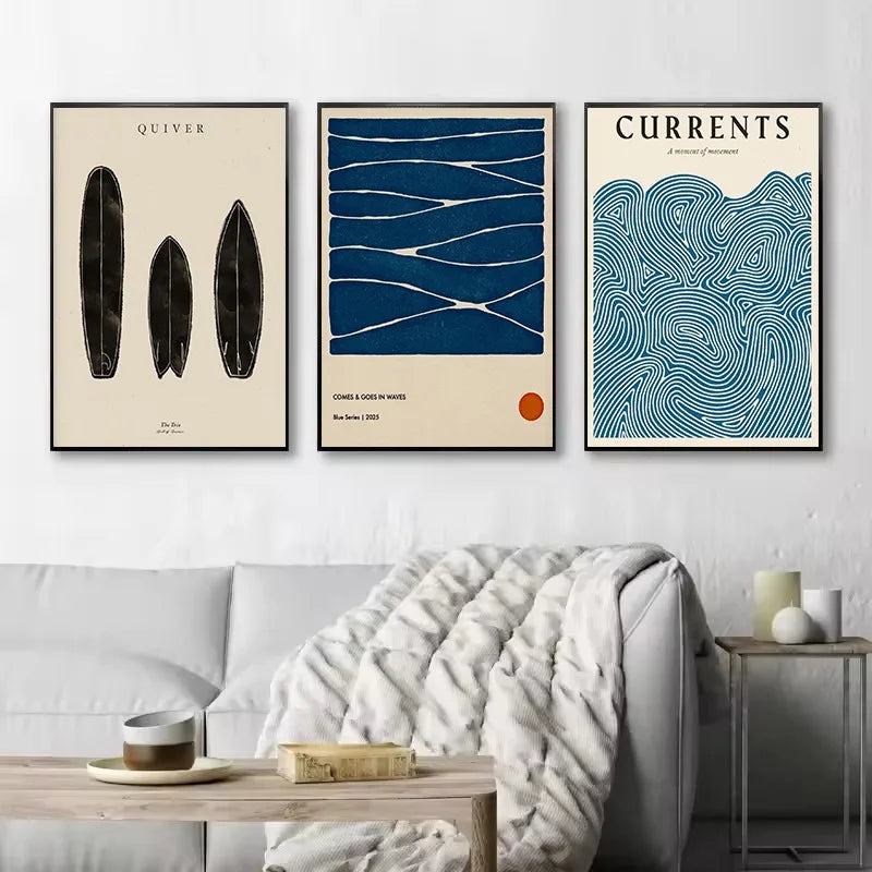Minimalist coastal wall art showing surfboards and waves in soft blue tones – Nordic ocean prints