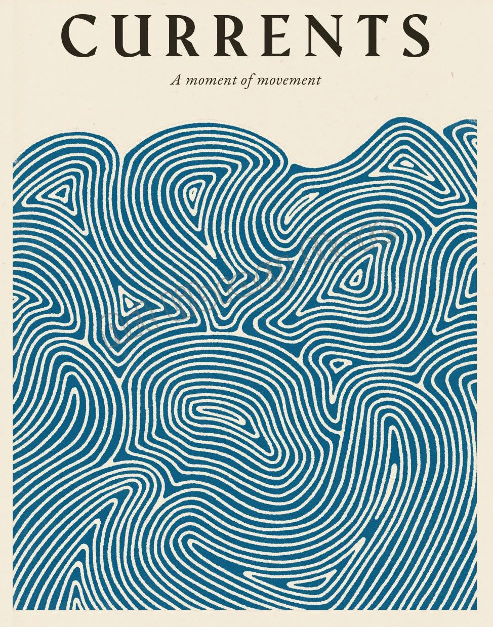 Book cover with wavy line design and text 'CURRENTS: A moment of movement' on a beige background