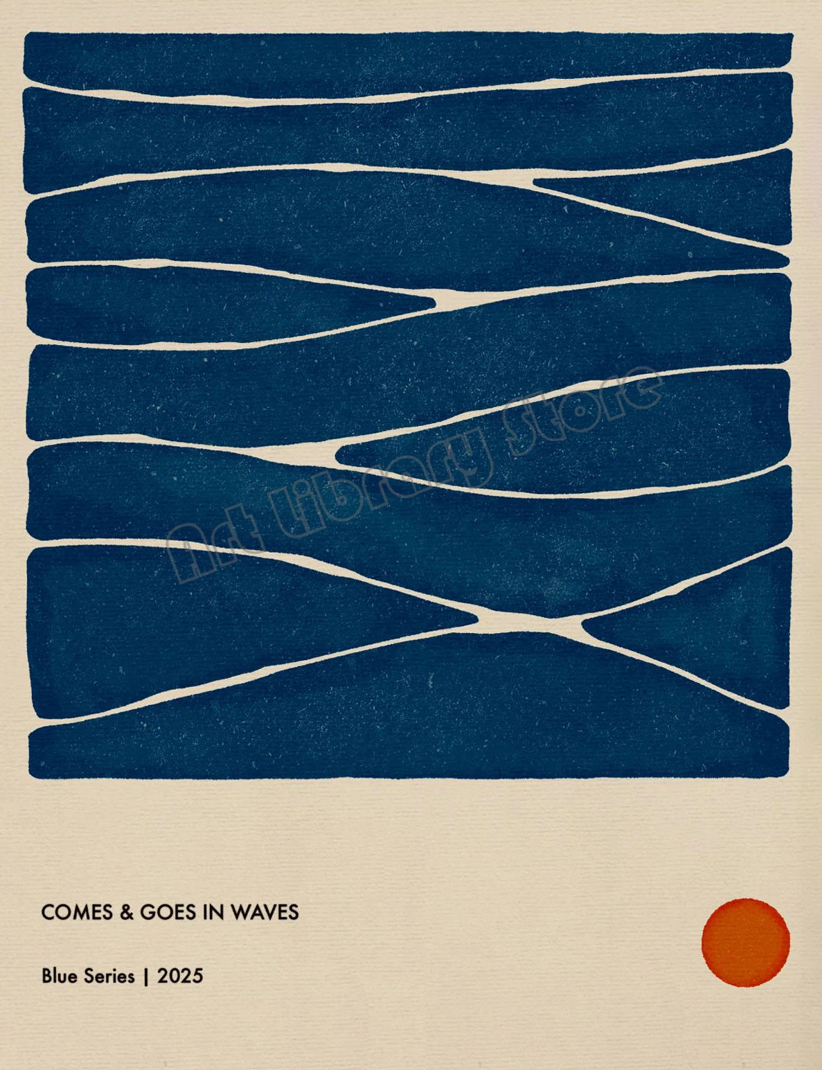 Abstract design with blue wavy lines on a beige background, featuring text 'Comes & Goes in Waves' and 'Blue Series | 2025'.