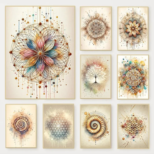 Set of nine framed mandala and abstract art prints on a beige background